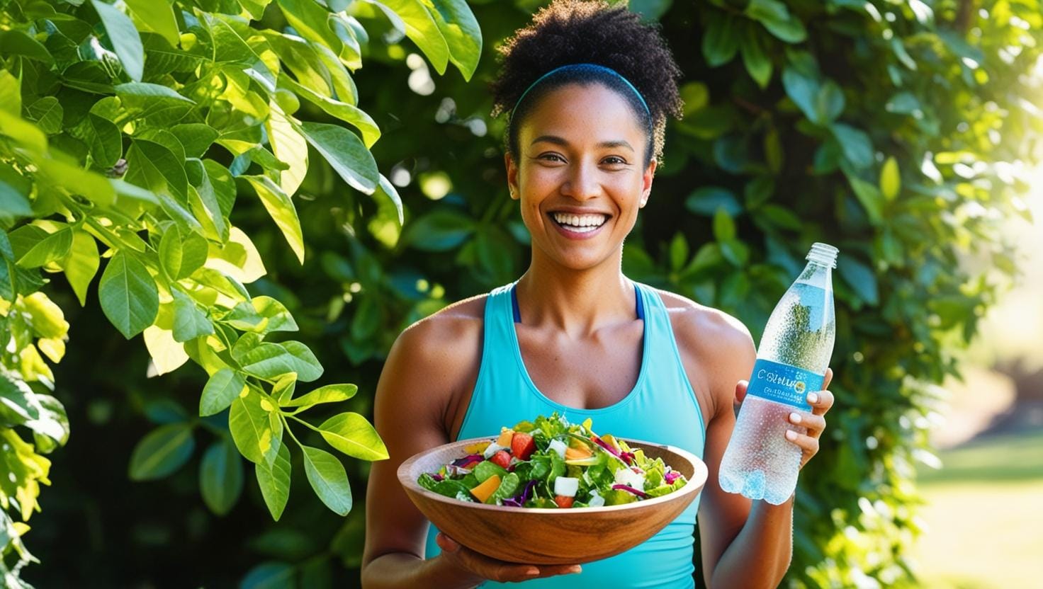 Mulher feliz com salada colorida e garrafa de água, representando metabolismo acelerado e emagrecimento saudável.