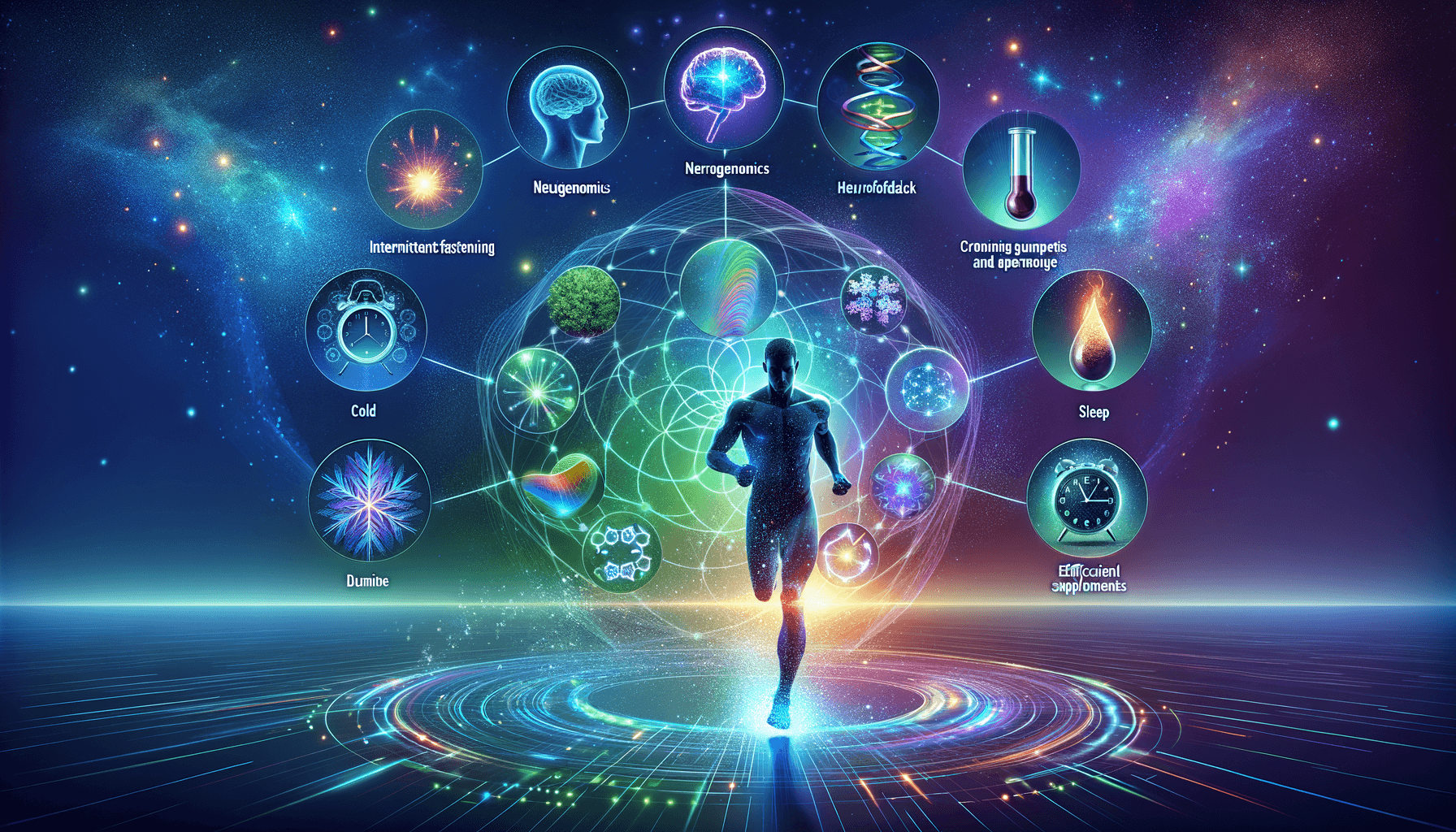 Ilustração futurista de biohacking mostrando silhueta humana cercada por 7 ícones representando técnicas de otimização de saúde e desempenho: DNA, cérebro, relógio, termômetro, suplemento, ondas cerebrais e halter